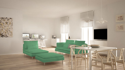 Scandinavian contemporary living room open space with dining table, sofa and chaise longue, office, home workplace with computers, minimal modern white and green interior design
