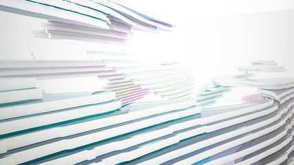 Abstract white and colored gradient glasses interior multilevel public space with window. 3D illustration and rendering.