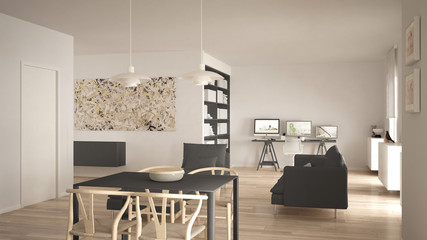 Nordic minimalist living room open space with dining table, sofa, corner office, home workplace with computers, contemporary modern white and gray interior design