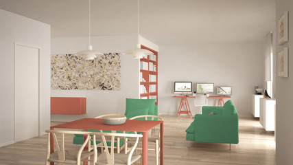 Nordic minimalist living room open space with dining table, sofa, corner office, home workplace with computers, contemporary modern orange and green interior design