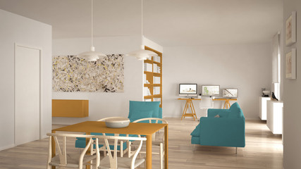 Nordic minimalist living room open space with dining table, sofa, corner office, home workplace with computers, contemporary modern yellow and blue interior design