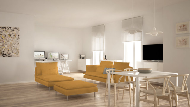 Scandinavian contemporary living room open space with dining table, sofa and chaise longue, office, home workplace with computers, minimal modern white and yellow interior design