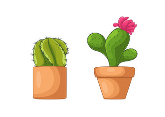 Cartoon set of green cactuses. Element design. Vector illustration on white background.  Abstract cactus in flower pot.