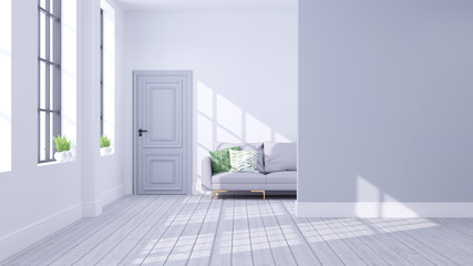 Modern scandinavian of living room interior concept, gray sofa with light gray wall  on wood floor ,3D render