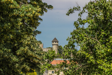 old small medieval tower between green branches of trees