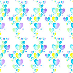 Fototapeta na wymiar Watercolor heart pattern. Color: lavender, yellow, blue hearts on white background, seamless pattern with hearts on white background