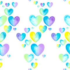 Watercolor heart pattern. Color: lavender, yellow, blue hearts on white background, seamless pattern with hearts on white background