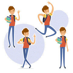 Set of young happy male student, showing positive emotions, jumping with joy, front view isolated against white background, school boy vector set in flat, cartoon guy character