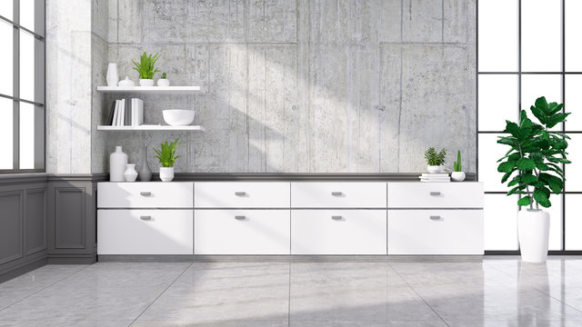 Modern loft interior design of Kichen room,Empty White cabinete on concrete wall,3d render