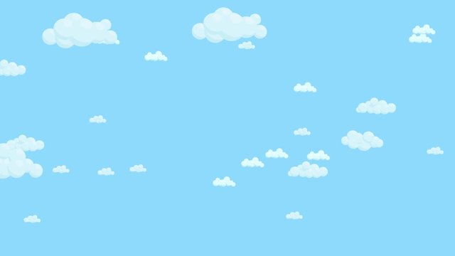Blue sky full of clouds moving right to left. Cartoon sky animated background. Flat animation.
