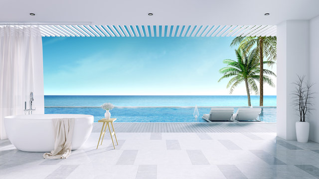 Relaxing summer, White Bathtub with sun loungers on Sunbathing deck and private swimming pool with near beach and panoramic sea view at luxury house /3d rendering