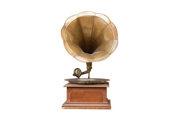 Vintage style retro old gramophone radio isolated on white background.