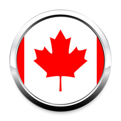 Button Flag of Canada in a round metal chrome frame with a shadow. The symbol of Independence Day, a souvenir, a button for switching the language on the site, an icon.
