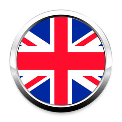 Button Flag of Great Britain in a round metal chrome frame with a shadow. The symbol of Independence Day, a souvenir, a button for switching the language on the site, an icon.