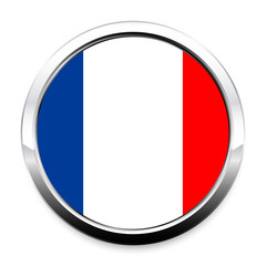 Button Flag of France in a round metal chrome frame with a shadow. The symbol of Independence Day, a souvenir, a button for switching the language on the site, an icon.