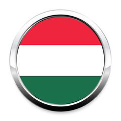 Button Flag of Hungary in a round metal chrome frame with a shadow. The symbol of Independence Day, a souvenir, a button for switching the language on the site, an icon.