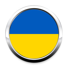 Button Flag of Ukraine in a round metal chrome frame with a shadow. The symbol of Independence Day, a souvenir, a button for switching the language on the site, an icon.