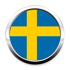 Button Flag of Sweden in a round metal chrome frame with a shadow. The symbol of Independence Day, a souvenir, a button for switching the language on the site, an icon.
