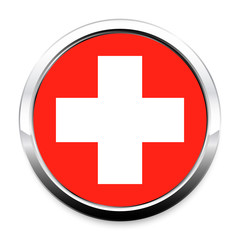 Button Flag of Switzerland in a round metal chrome frame with a shadow. The symbol of Independence Day, a souvenir, a button for switching the language on the site, an icon.