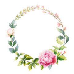 Watercolor vector hand painting wreath of peony flowers and green leaves.