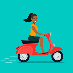 Fototapeta na wymiar Afro american girl riding red scooter. Vector flat illustration