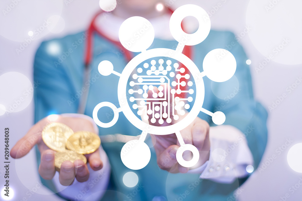 Poster doctor clicks a microchip with blockchain network icon and offers a money coins. circuit board block
