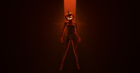 Sexy Pumpkin Head Devil Woman floating in a fiery inferno 3d illustration