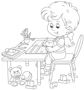 Little girl doing her homework in an exercise book with samples of writing, black and white vector illustration in a cartoon style for a coloring book