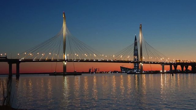 Cable-stayed bridge on the Western speed diameter, evening. Saint Petersburg