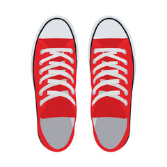 Flat image of sneakers. Sneakers are red , black, turquoise. Simple sneakers in different colors