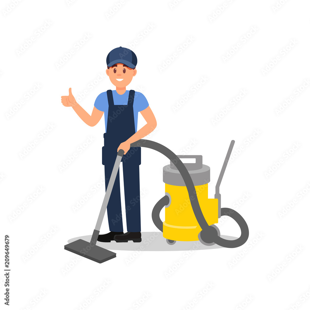 Poster smiling man with vacuum cleaner showing thumb up. guy in working overall and cap. flat vector for pr