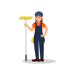 Cheerful woman standing with mop. Cleaning company, service. Young girl in working uniform. Colorful flat vector design
