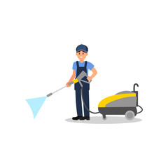 Young man posing with jet cleaning machine. Professional cleaner at work. Smiling guy in working uniform. Flat vector design