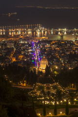 Bahai shrine in Haifa city at night