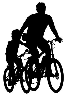 Sport man and childrens whit bike on white background