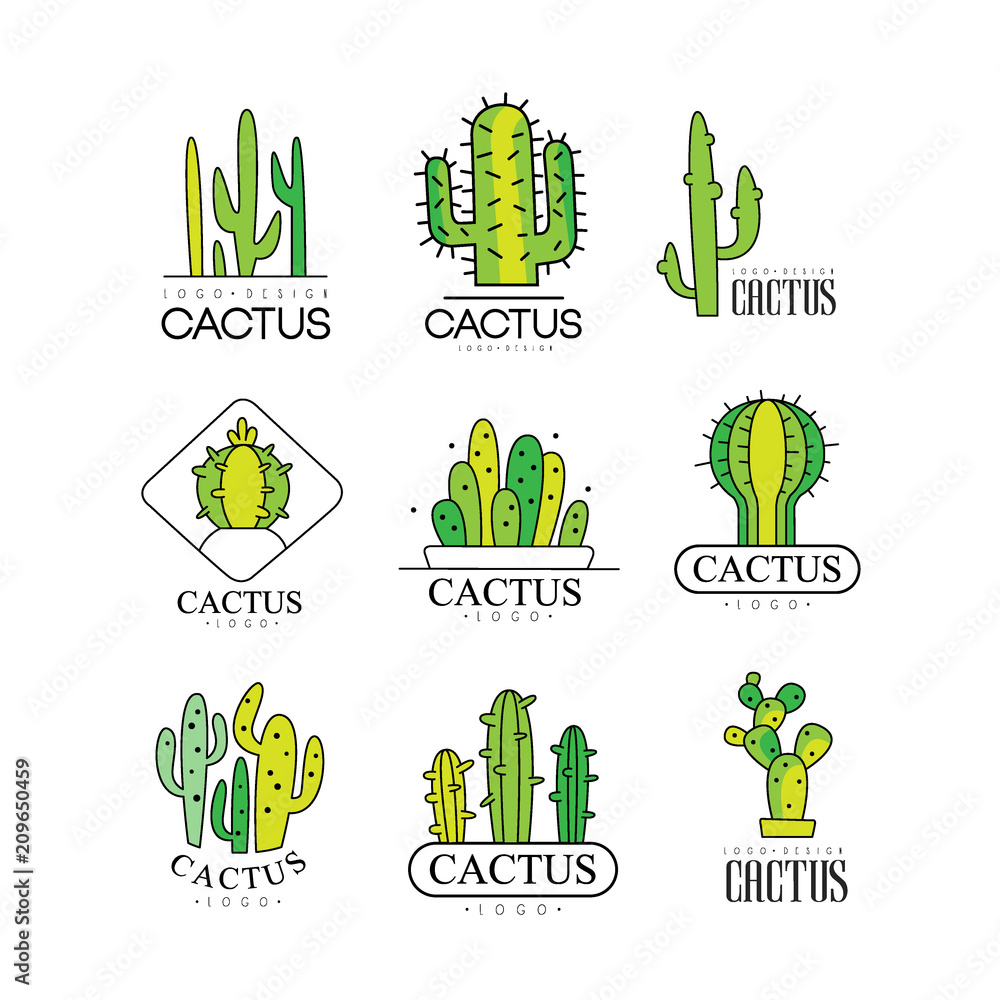 Sticker Cactus logo design set, desert plant green badges vector Illustrations on a white background