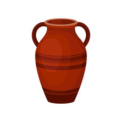 Flat vector icon of tall ceramic jug for wine. Old brown vase with two handles and decorated with stripes. Large clay pitcher