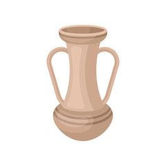 Tall beige jug with two handles. Antique clay vase. Old ceramic vessel for liquids. Flat vector for souvenir or home decor store