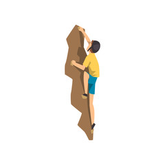 Fototapeta na wymiar Climber in protective helmet climbing rock wall, extreme sport and leisure activity concept vector Illustration on a white background