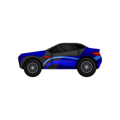 Fototapeta na wymiar Fast racing car with large tires, tinted windows, blue and gray body. Sports automobile. Flat vector element for mobile game