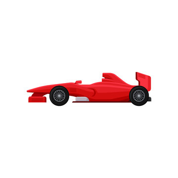 Bright red racing car. Super fast sports automobile. Isolated flat vector element for poster, mobile or computer game