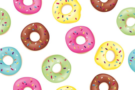 Donut. Pattern of sweet colorful donuts. Hand drawn design seamless pattern of donuts. Dessert, pastry, donuts design for menu, advertising, poster, banner of cafe, bakery, Vector Illustration