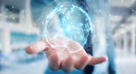 Businessman using globe network hologram with Europe map 3D rendering