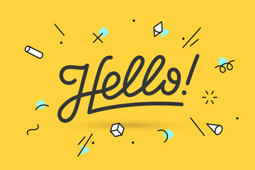 Hello. Lettering for banner, poster and sticker concept with text Hello. Icon message Hello on white background, geometric memphis style. Calligraphic simple logo. Vector Illustration © foxysgraphic
