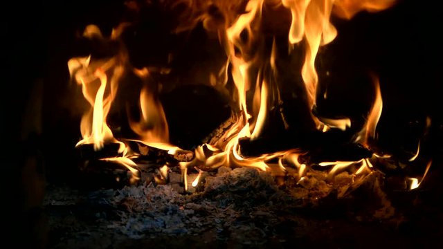 A few birch logs burning in the fireplace 