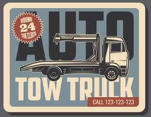 Tow truck retro card of emergency vehicle service