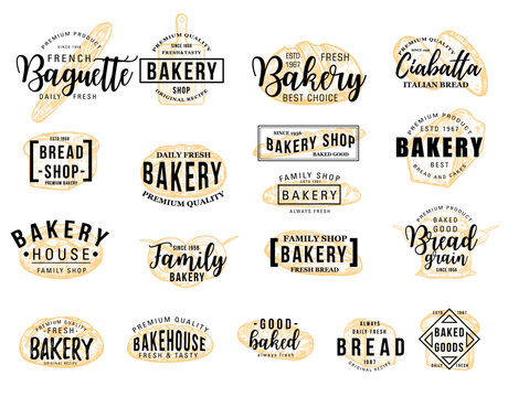 Bakery hand drawn lettering icon with bread sketch