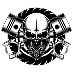 Skull with pistons and wheel