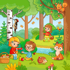 Picnic in the forest with children. Vector illustration with boy and girl who drink tea in cartoon style. Children in the forest among animals.