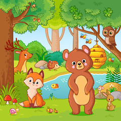 Fototapety  Fox and bear in the forest. Vector illustration with wild animals. Flying forest in cartoon style.